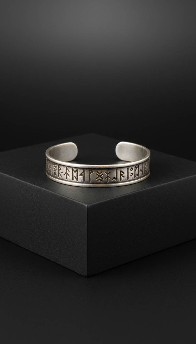 Silver Cuff Bracelet with Runic Script